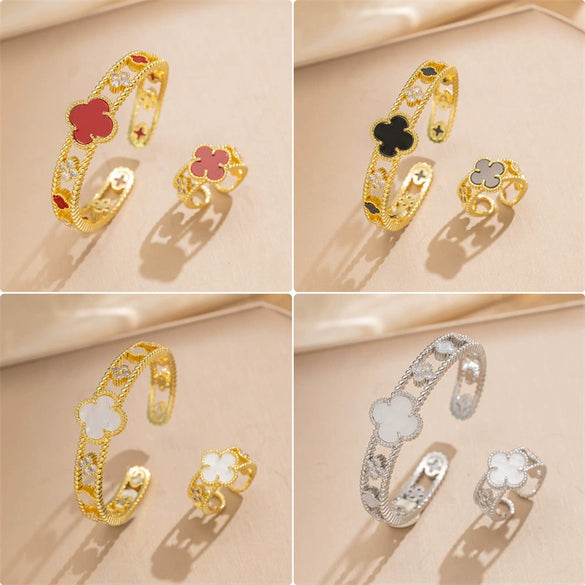 Wholesale Light Luxury Joker Lucky Four Leaf Clover Hand Jewelry Copper Micro Inlaid Zircon Electroplated Bracelet Ring