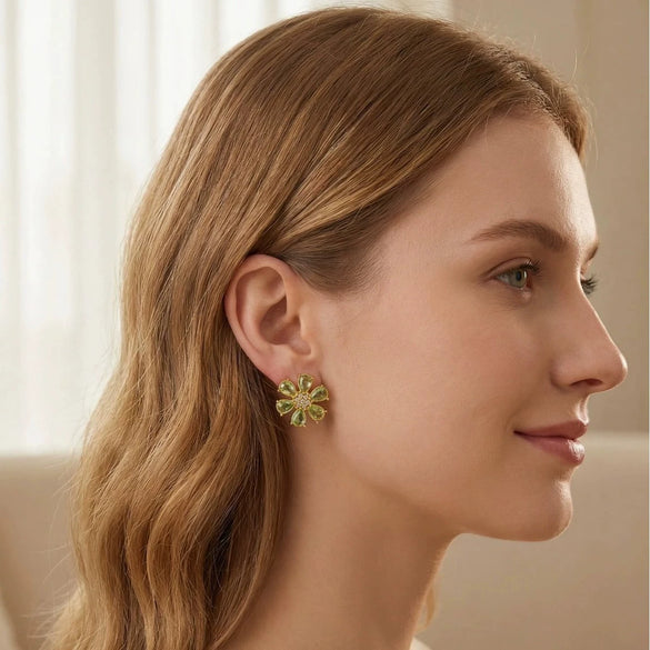 Wholesale Light Luxury 18K Gold Plated Stainless Steel Zircon Inlaid Flower Earrings For Women