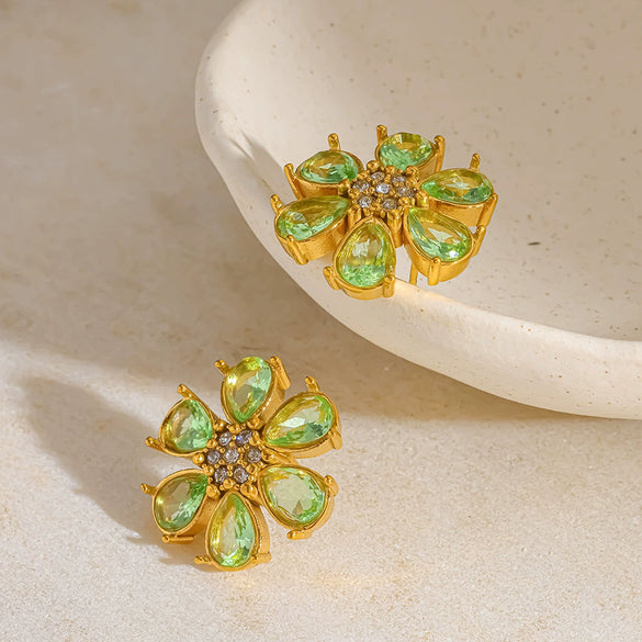 Wholesale Light Luxury 18K Gold Plated Stainless Steel Zircon Inlaid Flower Earrings For Women