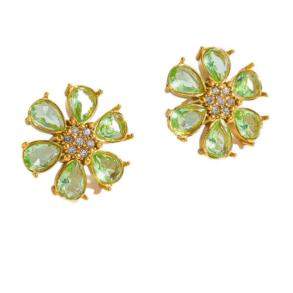 Wholesale Light Luxury 18K Gold Plated Stainless Steel Zircon Inlaid Flower Earrings For Women