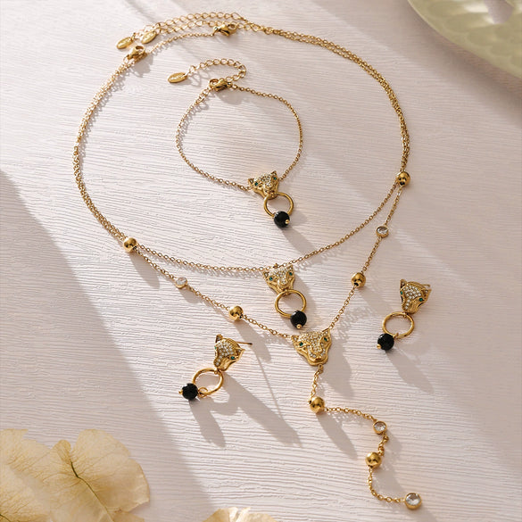 Wholesale Light Luxury Lion Head Y Shaped Tassel Stainless Steel Electroplated Jewelry Set For Women Including Necklace Earrings And Bracelet