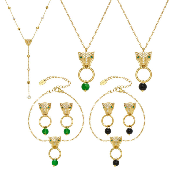 Wholesale Light Luxury Lion Head Y Shaped Tassel Stainless Steel Electroplated Jewelry Set For Women Including Necklace Earrings And Bracelet