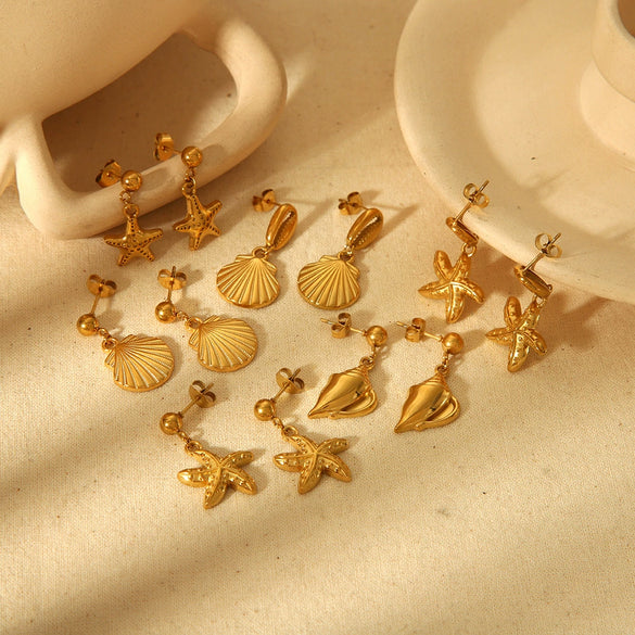 Wholesale Light Luxury Marine Series Stainless Steel Shell Earrings With 18K Gold Starfish Design Electroplated For Women