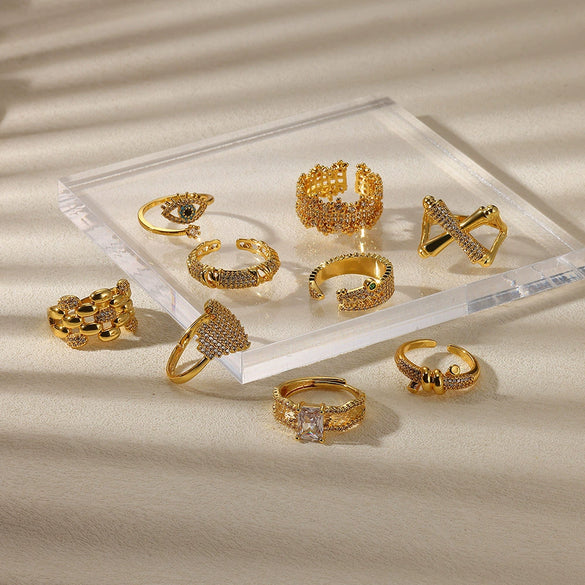 Wholesale Light Luxury Microinlaid Zircon Open Ring Copper Electroplated Love Devil's Eye Bow Tie Diamond U Shape Unisex Jewelry