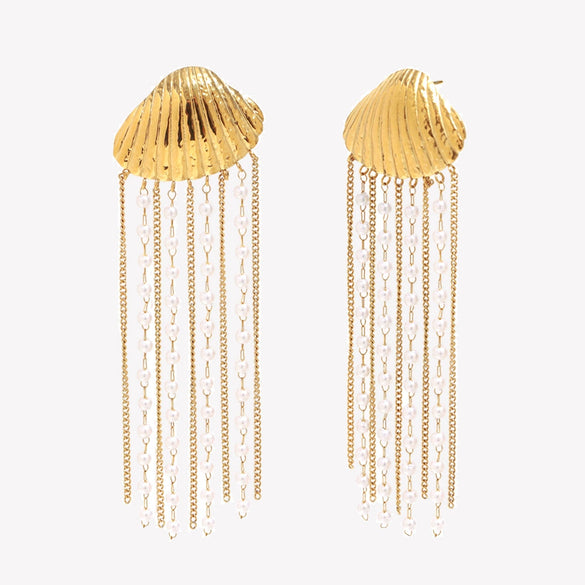 Wholesale Light Luxury Minimalist Geometric Stainless Steel Electroplated 18K Gold Imitation Pearl Chain Tassel Shell Women's Earrings