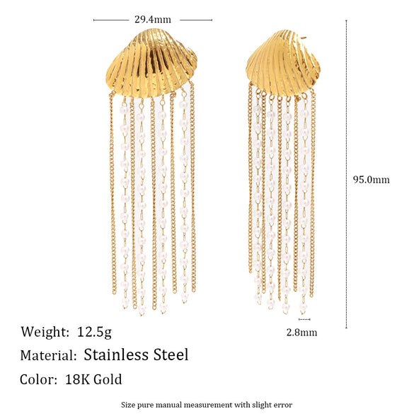 Wholesale Light Luxury Minimalist Geometric Stainless Steel Electroplated 18K Gold Imitation Pearl Chain Tassel Shell Women's Earrings