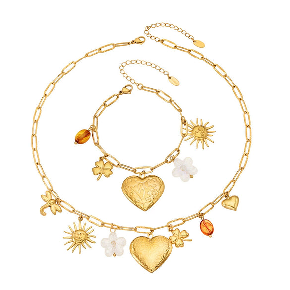 Wholesale Light Luxury Multielement Heart Pendant Necklace And Bracelet Set For Women 18K Goldplated Titanium Steel