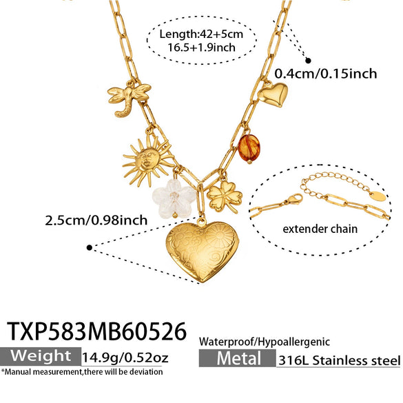 Wholesale Light Luxury Multielement Heart Pendant Necklace And Bracelet Set For Women 18K Goldplated Titanium Steel