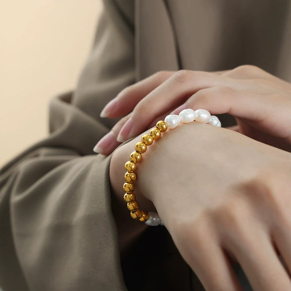 Wholesale Light Luxury Natural Handmade Geometric 316L Stainless Steel Goldplated Freshwater Pearl Bracelet Jewelry For Women