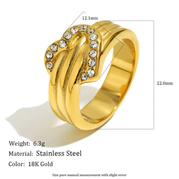 Wholesale Light Luxury Niche Geometric Heart Shaped Stainless Steel 18K Gold Plated Diamondstudded Casting Ring For Women