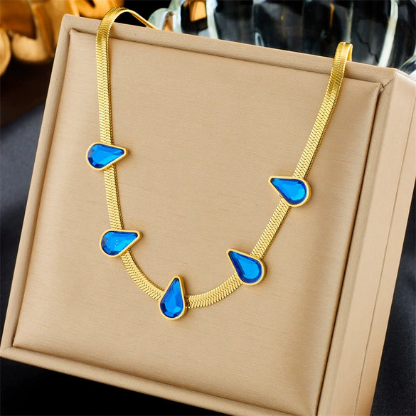 Wholesale Light Luxury Niche Gold Plated Blue Diamond Water Drop Titanium Steel Clavicle Chain Necklace With Electroplating And Geometric Design