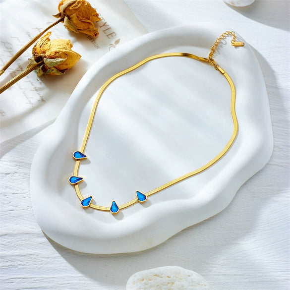 Wholesale Light Luxury Niche Gold Plated Blue Diamond Water Drop Titanium Steel Clavicle Chain Necklace With Electroplating And Geometric Design