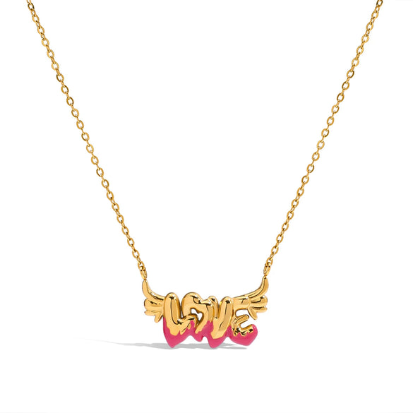 Wholesale Light Luxury Niche Letter Wings Oil Drop Pendant Stainless Steel Necklace For Women With Electroplating