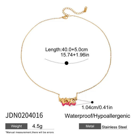 Wholesale Light Luxury Niche Letter Wings Oil Drop Pendant Stainless Steel Necklace For Women With Electroplating