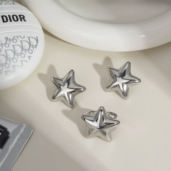 Wholesale Light Luxury Niche Titanium Steel Earrings And Ring Suit With Star Sun Moon Clouds Universe Pattern Pvd Furnace Vacuum Real Gold Plating For Women