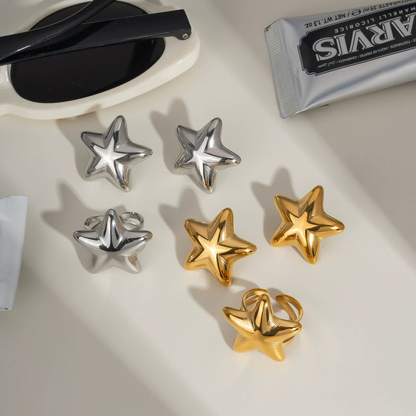 Wholesale Light Luxury Niche Titanium Steel Earrings And Ring Suit With Star Sun Moon Clouds Universe Pattern Pvd Furnace Vacuum Real Gold Plating For Women