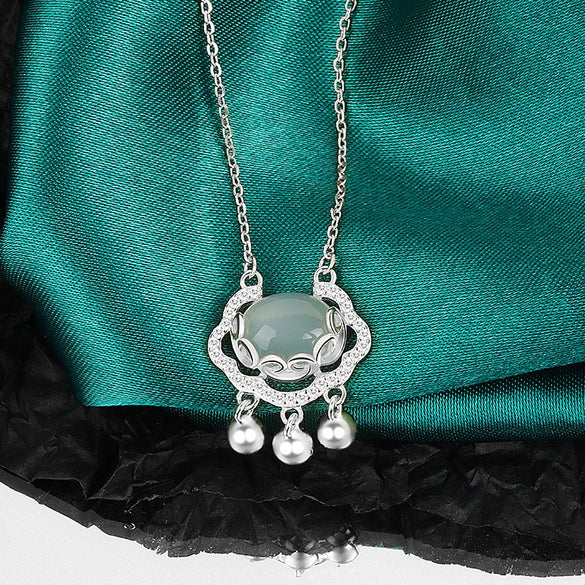 Wholesale Light Luxury Niche White Chalcedony Ping An Lock 925 Sterling Silver Necklace For Women Electroplated