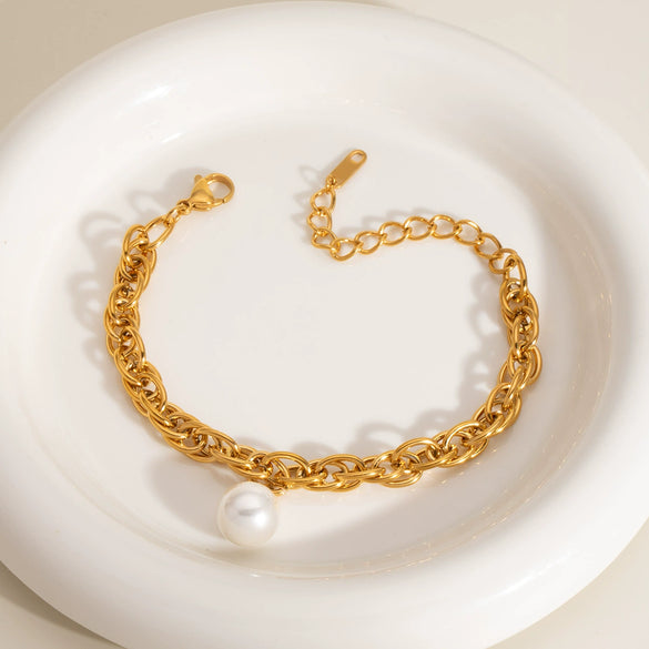 Wholesale Light Luxury Personality Fashion Double Ring Chain Pearl Bracelet In Stainless Steel With Pvd Furnace Vacuum Real Gold Plating For Women
