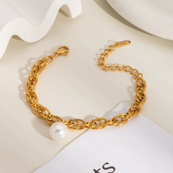 Wholesale Light Luxury Personality Fashion Double Ring Chain Pearl Bracelet In Stainless Steel With Pvd Furnace Vacuum Real Gold Plating For Women