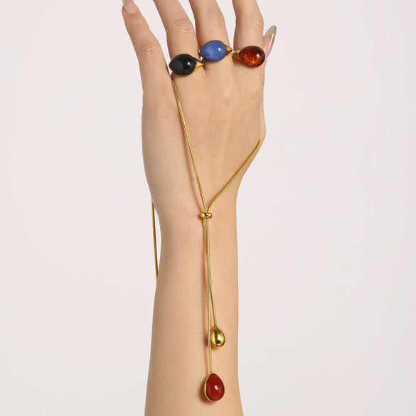 Wholesale Light Luxury Resin Tassel Pendant Stainless Steel 18K Gold Plated Long Necklace With Woolen Chain And Geometric Design