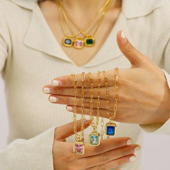 Wholesale Light Luxury Retro Geometric Stainless Steel Inlaid Colorful Zircon Gold Plated Pendant Necklace For Women