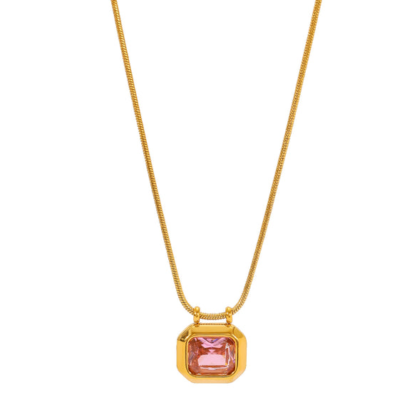 Wholesale Light Luxury Retro Geometric Stainless Steel Inlaid Colorful Zircon Gold Plated Pendant Necklace For Women