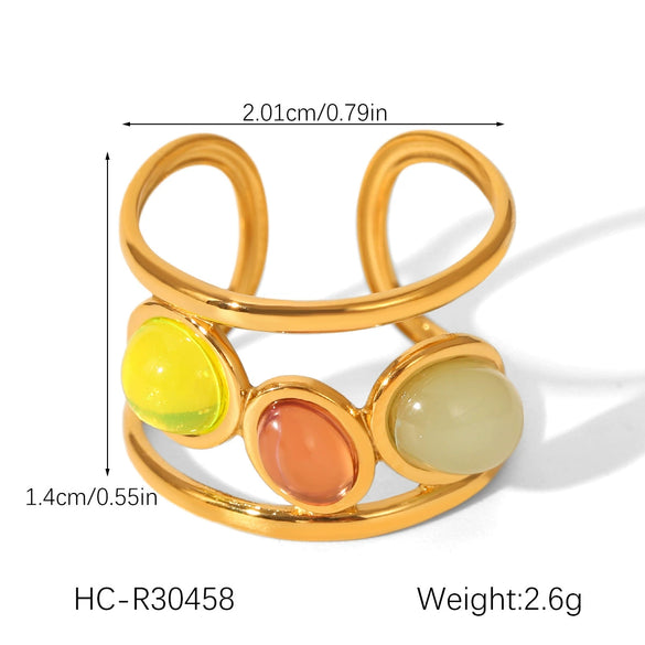 Wholesale Light Luxury Retro Threecolor Natural Stone Open Ring And Titanium Steel Bracelet In Geometric Pattern Set With Gems For Women Made Of Stainless Steel