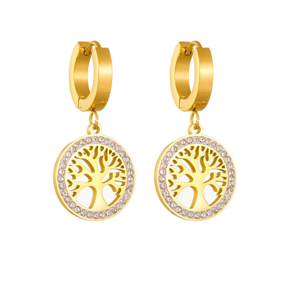 Wholesale Light Luxury Round Diamond Embedded Life Tree Earrings In Titanium Steel With Geometric Design And Electroplating Treatment