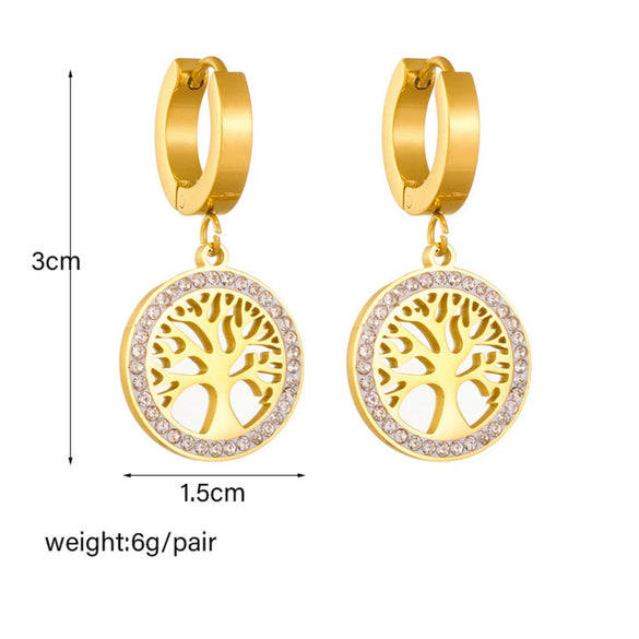 Wholesale Light Luxury Round Diamond Embedded Life Tree Earrings In Titanium Steel With Geometric Design And Electroplating Treatment