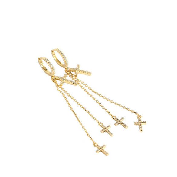 Wholesale Light Luxury S925 Sterling Silver Cross Diamond Tassel Ear Buckle Earrings With Electroplating