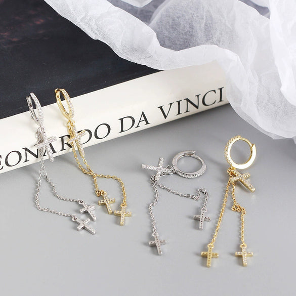 Wholesale Light Luxury S925 Sterling Silver Cross Diamond Tassel Ear Buckle Earrings With Electroplating