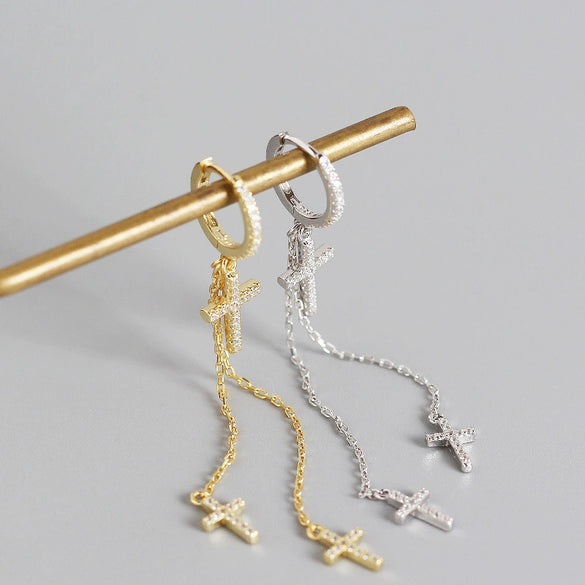 Wholesale Light Luxury S925 Sterling Silver Cross Diamond Tassel Ear Buckle Earrings With Electroplating
