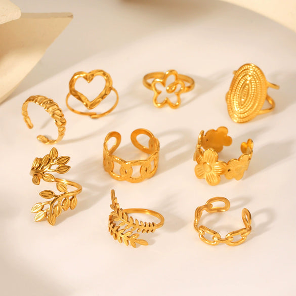 Wholesale Light Luxury Simple Non Fading Open Titanium Steel Ring With Love Flowers And Leaves Design Electroplated