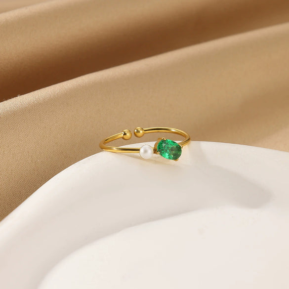 Wholesale Light Luxury Simple Rectangular Emerald Zircon Ring Stainless Steel 18K Gold Plated Electroplated Women's