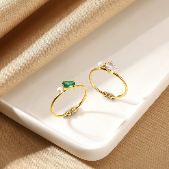 Wholesale Light Luxury Simple Rectangular Emerald Zircon Ring Stainless Steel 18K Gold Plated Electroplated Women's