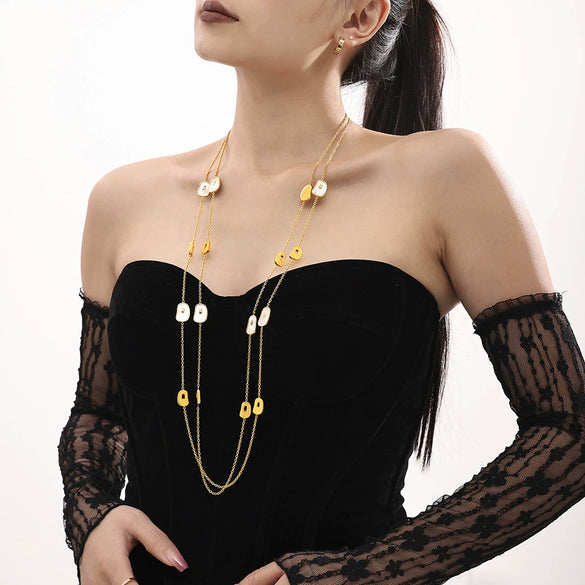 Wholesale Light Luxury 316L Stainless Steel And White Seashells Geometric Pattern Long Stacked Necklace For Women Electroplated
