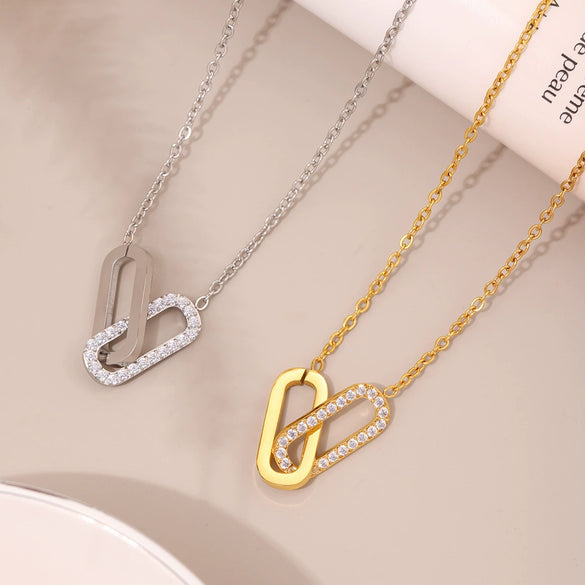 Wholesale Light Luxury Stainless Steel And Zircon Ferris Wheel Square Double Ring Buckle Inlaid Pendant Clavicle Chain And Bracelet Jewelry For Women Electroplated