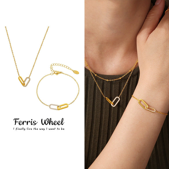 Wholesale Light Luxury Stainless Steel And Zircon Ferris Wheel Square Double Ring Buckle Inlaid Pendant Clavicle Chain And Bracelet Jewelry For Women Electroplated