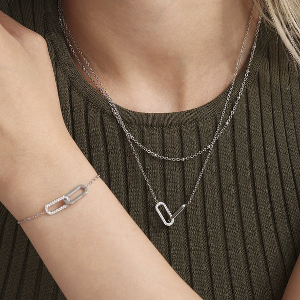 Wholesale Light Luxury Stainless Steel And Zircon Ferris Wheel Square Double Ring Buckle Inlaid Pendant Clavicle Chain And Bracelet Jewelry For Women Electroplated