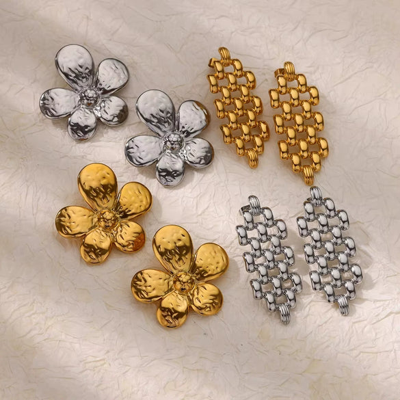 Wholesale Light Luxury Stainless Steel Hollow Bead Geometric And Flower Design Electroplated Earrings For Women