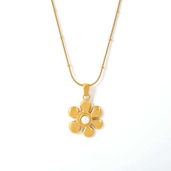 Wholesale Light Luxury Stainless Steel Imitation Pearl Sunflower Geometric Pendant Clavicle Necklace With Pvd Plating
