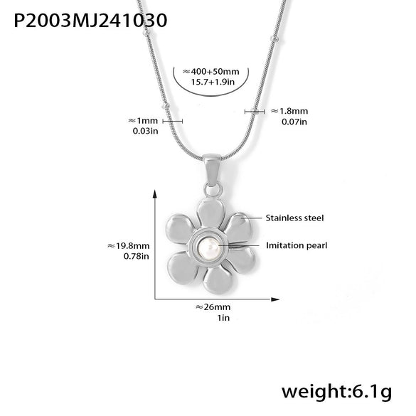 Wholesale Light Luxury Stainless Steel Imitation Pearl Sunflower Geometric Pendant Clavicle Necklace With Pvd Plating