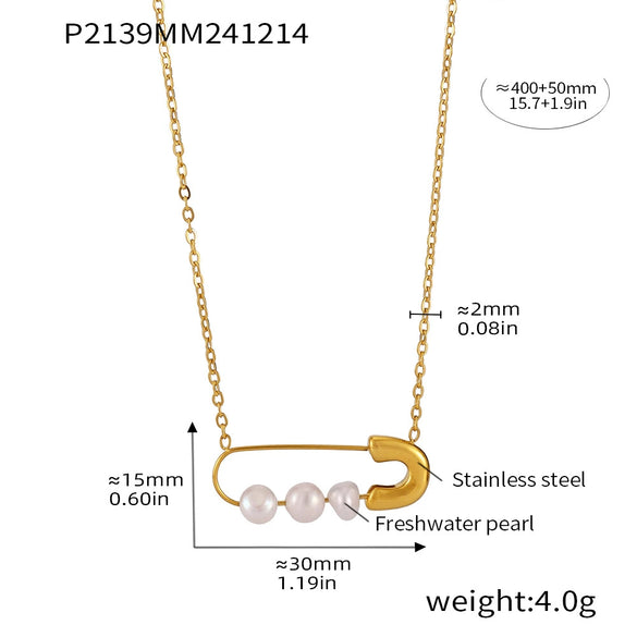 Wholesale Light Luxury Stainless Steel Natural Stone Freshwater Pearl Three Layer Necklace With 8 Character Rice Bead And Geometric Design Electroplated