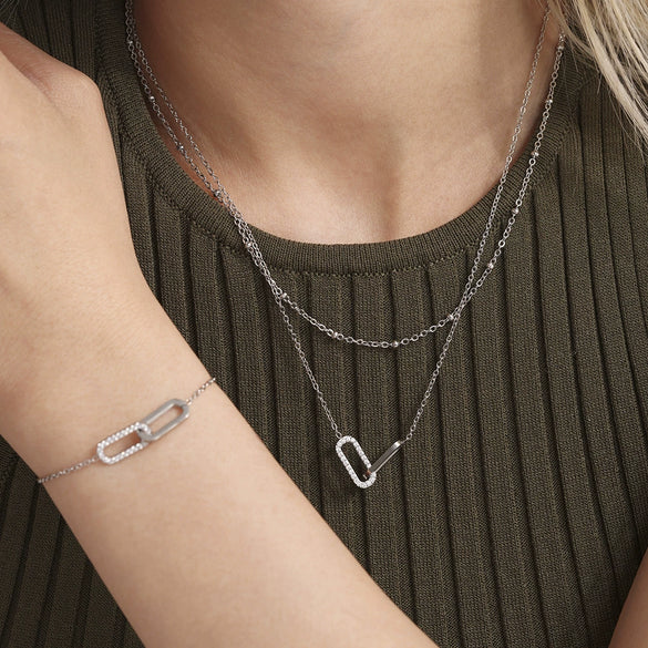 Wholesale Light Luxury 316L Stainless Steel Zircon Square Buckle Pendant Multilayer Clavicle Necklace And Bracelet Set With Electroplating