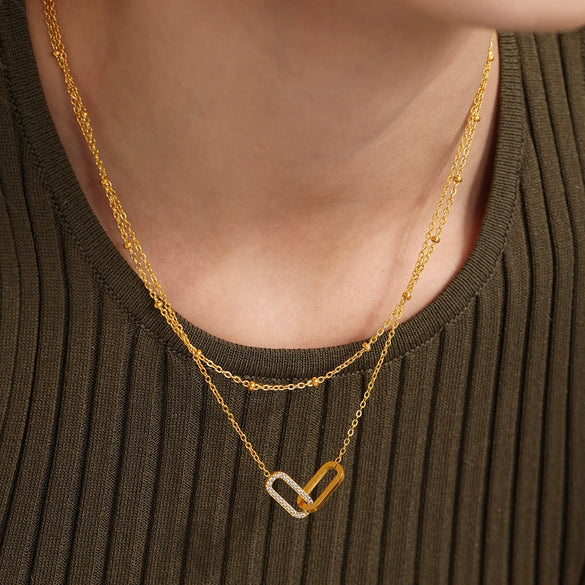 Wholesale Light Luxury Stainless Steel Zircon Square Interlocking Pendant Multilayer Clavicle Chain And Bracelet Set With Electroplating For Women