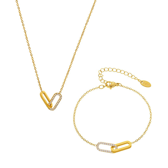 Wholesale Light Luxury Stainless Steel Zircon Square Interlocking Pendant Multilayer Clavicle Chain And Bracelet Set With Electroplating For Women
