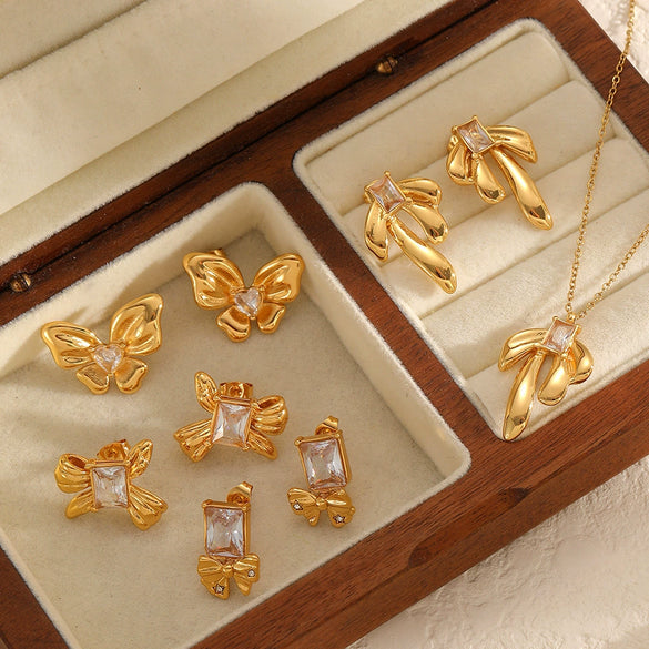 Wholesale Light Luxury Style Bow Tie Shape Stainless Steel Jewelry Set With Pvd Furnace Vacuum Real Gold Plating For Women