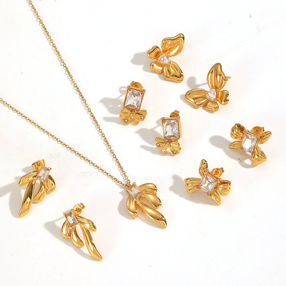 Wholesale Light Luxury Style Bow Tie Shape Stainless Steel Jewelry Set With Pvd Furnace Vacuum Real Gold Plating For Women