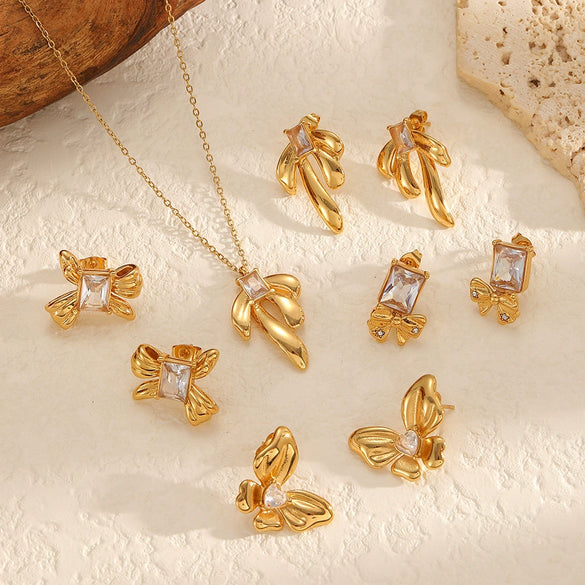 Wholesale Light Luxury Style Bow Tie Shape Stainless Steel Jewelry Set With Pvd Furnace Vacuum Real Gold Plating For Women