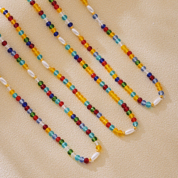 Wholesale Light Luxury Style Colorful Crystal Stone And Imitation Pearl Beaded Geometric Necklace With Electroplating For Women